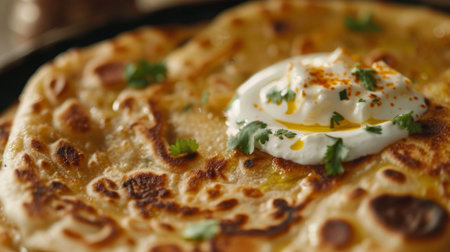 Close-up of a freshly cooked paneer paratha being served with a dollop of creamy yogurt, showcasing the savory goodness of this Indian flatbread.の素材