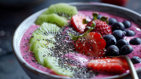 Close-up of a spoon scooping up a creamy berry smoothie bowl, topped with sliced kiwi, strawberries, and a sprinkle of chia seeds for added texture and nutrition.の素材
