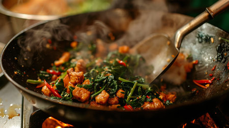 Close-up of a spatula stirring a sizzling wok of Thai basil stir-fry, showcasing the skillful technique and artistry involved in Thai culinary traditions.の素材