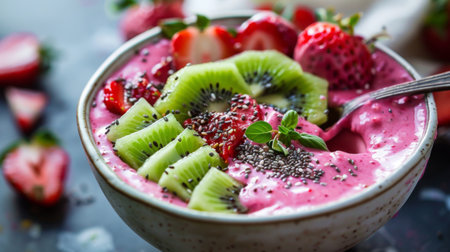 Close-up of a spoon scooping up a creamy berry smoothie bowl, topped with sliced kiwi, strawberries, and a sprinkle of chia seeds for added texture and nutrition.の素材