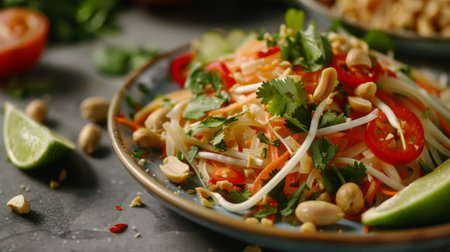 Close-up of a plate of Thai papaya salad garnished with peanuts and lime wedges, highlighting the balance of flavors and textures in this refreshing dish.の素材