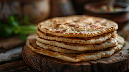 Close-up of a stack of freshly cooked paratha breads served on a rustic wooden board, inviting viewers to tear off a piece and enjoy the warm and fluffy texture.の素材
