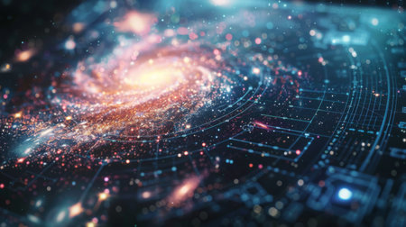 Close-up of a galaxy map displayed on a computer screen, showing the distribution of stars, nebulae, and other celestial objects across the cosmos.の素材