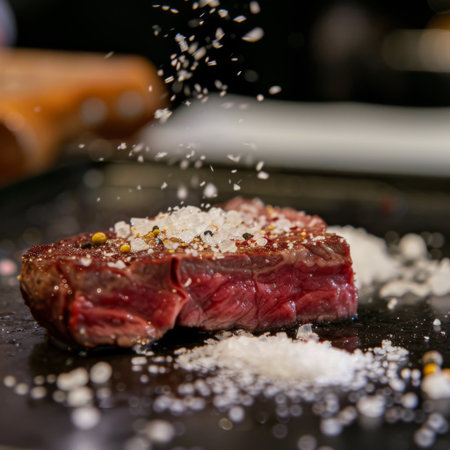 Close-up of a steak being seasoned with sea salt and cracked blackの素材