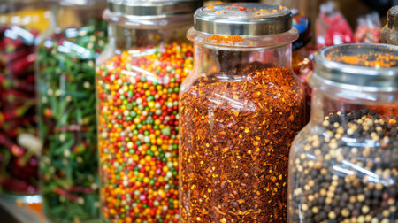 Close-up of a Thai herb and spice rack filled with jars of chili powder, peppercorns, and other seasonings, illustrating essential ingredients in Thai cooking.の素材