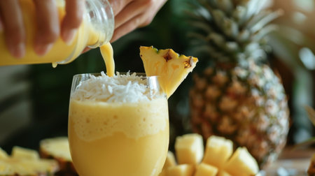 Close-up of hands pouring a refreshing pineapple coconut smoothie into a glass, garnished with a pineapple wedge and shredded coconut for a tropical twist.の素材
