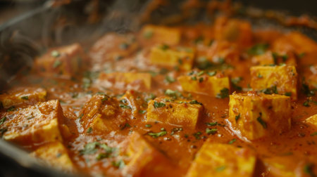 Close-up of paneer butter masala simmering in a creamy tomato gravy, exuding rich aroma and inviting viewers to indulge in its decadent flavors.の素材