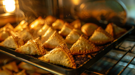 Close-up of a tray of baked samosas being pulled out of the oven, showcasing the golden crust and fragrant aroma of these healthier versions of the classic snack.の素材