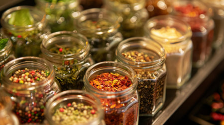 Close-up of a Thai herb and spice rack filled with jars of chili powder, peppercorns, and other seasonings, illustrating essential ingredients in Thai cooking.の素材