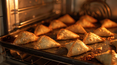 Close-up of a tray of baked samosas being pulled out of the oven, showcasing the golden crust and fragrant aroma of these healthier versions of the classic snack.の素材