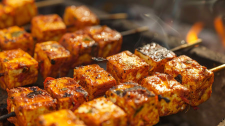 Close-up of paneer cubes marinating in a blend of yogurt and spices, ready to be skewered and grilled to perfection for paneer tikka, a popular appetizer.の素材