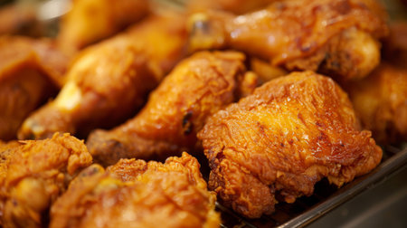 Close-up of succulent fried chicken pieces with crispy skin, showcasing the irresistible texture and flavor of this popular Thai dish.の素材