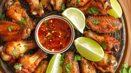 Close-up of Thai fried chicken wings arranged on a serving platter with lime wedges and chili dipping sauce, ready to be enjoyed as a flavorful snack.の素材