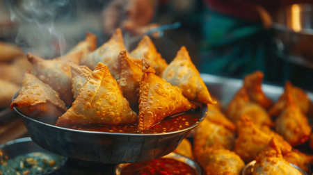 Close-up of golden brown samosas being served with tangy tamarind chutney, showcasing the crunchy exterior and savory filling of this beloved Indian snack.の素材