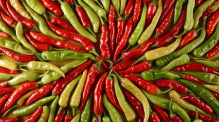 Close-up of Thai red and green chili peppers arranged in a decorative pattern, representing the bold and vibrant essence of Thai cuisine.の素材