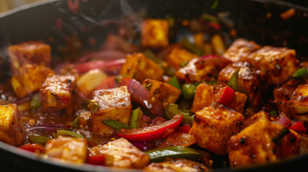 Close-up of paneer cubes being with bell peppers and onions in a sizzling pan, showcasing the preparation of paneer jalfrezi, a spicy stir-fry dish.の素材
