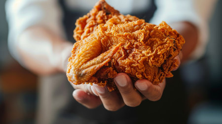 Hands holding a piece of crispy fried chicken with a satisfied expression, capturing the joy of savoring delicious Thai fried chicken.の素材