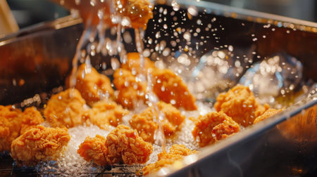 Close-up of Thai fried chicken pieces being coated in a crispy batter before frying, capturing the anticipation of enjoying this irresistible dish.の素材