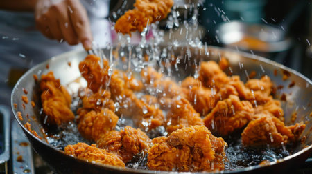 Close-up of Thai fried chicken pieces being coated in a crispy batter before frying, capturing the anticipation of enjoying this irresistible dish.の素材