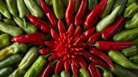 Close-up of Thai red and green chili peppers arranged in a decorative pattern, representing the bold and vibrant essence of Thai cuisine.の素材