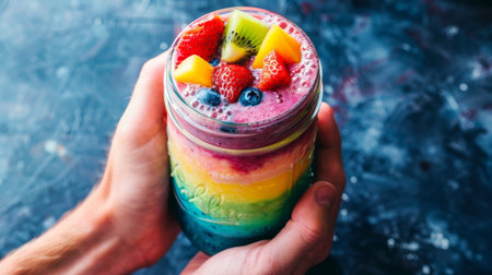 Hands holding a mason jar filled with a colorful rainbow smoothie, layered with different fruit purees and yogurt for a visually stunning and nutritious beverage.の素材