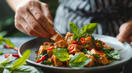Hands garnishing a plate of Thai basil tofu stir-fry (Pad Krapow Tofu) with fresh chili slices and basil leaves, adding a burst of flavor and color.の素材