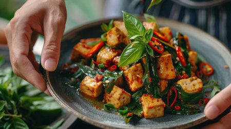 Hands garnishing a plate of Thai basil tofu stir-fry (Pad Krapow Tofu) with fresh chili slices and basil leaves, adding a burst of flavor and color.の素材