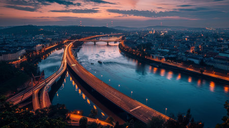 A breathtaking aerial view of an illuminated bridge crossing a winding river, with city lights twinkling in the background, showcasing urban beauty at dusk.の素材