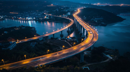 A breathtaking aerial view of an illuminated bridge crossing a winding river, with city lights twinkling in the background, showcasing urban beauty at dusk.の素材