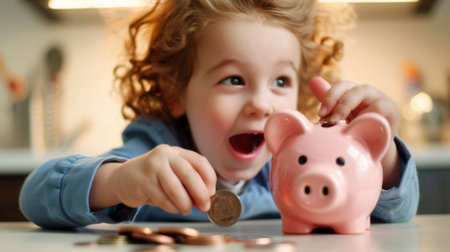 A child eagerly dropping coins into a piggy bank, learning the value of saving and financial responsibility from a young age.の素材