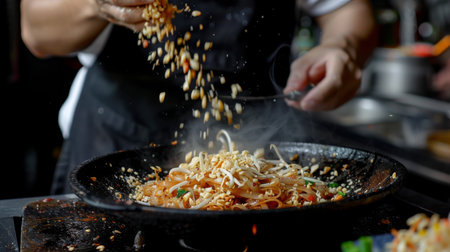 A chef sprinkling chopped garlic over a sizzling plate of Pad Thai, adding a burst of flavor and freshness to the iconic dish.の素材