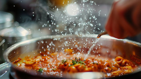 A close-up of a chef's hand seasoning a bubbling pot of pasta sauce, infusing it with flavor and love.の素材