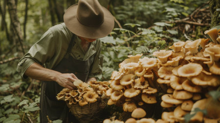 A chef foraging for wild porcini mushrooms in a lush forest, their keen eye and knowledge of nature's bounty guiding the huntの素材