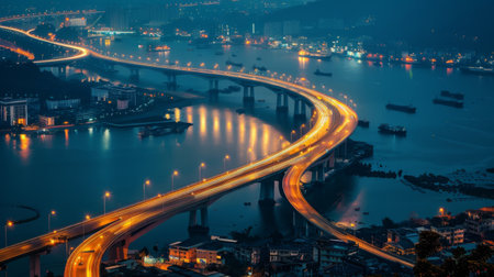 A breathtaking aerial view of an illuminated bridge crossing a winding river, with city lights twinkling in the background, showcasing urban beauty at dusk.の素材