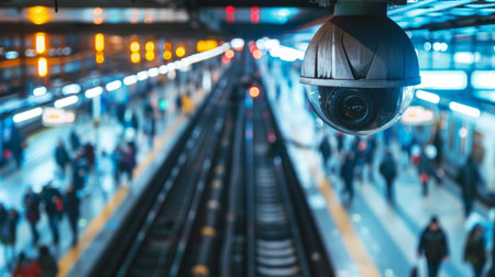 A CCTV camera overlooking a bustling train station, enhancing security and surveillance in public transportation hubs.の素材
