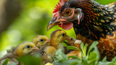 A close-up of a mother hen gently nudging her chicks towards a tasty treat, guiding and nurturing them with love and care.の素材