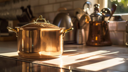 A close-up of a shiny copper pot gleaming on a sunlit kitchen countertop, a timeless symbol of culinary craftsmanship.の素材