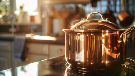 A close-up of a shiny copper pot gleaming on a sunlit kitchen countertop, a timeless symbol of culinary craftsmanship.の素材