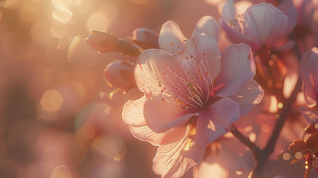 A close-up of a delicate sakura blossom, its soft pink petals illuminated by the warm glow of sunlight.の素材