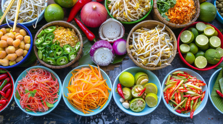 A colorful spread of Thai street food, featuring som tam alongside other delicious culinary delights.の素材