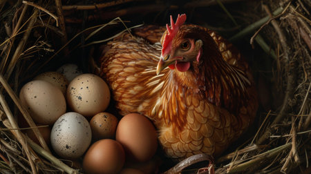 A close-up of a hen tenderly brooding over her eggs, a symbol of patience, devotion, and the miracle of life.の素材