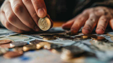 A close-up of a hand counting paper bills and coins, a visual representation of the discipline of budgeting and saving.の素材