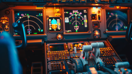 A close-up shot of a commercial airplane cockpit with pilots preparing for departure, showcasing the technology and precision of modern aviation.の素材