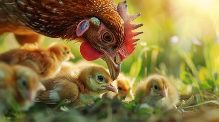 A close-up of a mother hen gently nudging her chicks towards a tasty treat, guiding and nurturing them with love and care.の素材