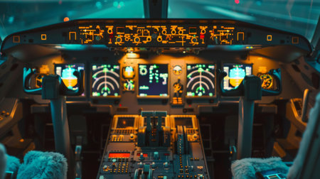 A close-up shot of a commercial airplane cockpit with pilots preparing for departure, showcasing the technology and precision of modern aviation.の素材