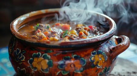 A close-up of a colorful ceramic pot brimming with simmering stew, steam rising invitingly from its savory depths.の素材