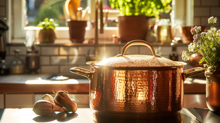 A close-up of a shiny copper pot gleaming on a sunlit kitchen countertop, a timeless symbol of culinary craftsmanship.の素材