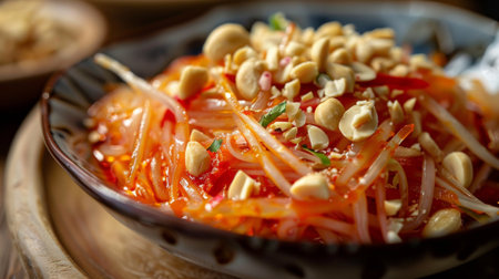 A close-up of a mouthwatering bowl of som tam, glistening with tangy sauce and topped with crushed peanuts.の素材