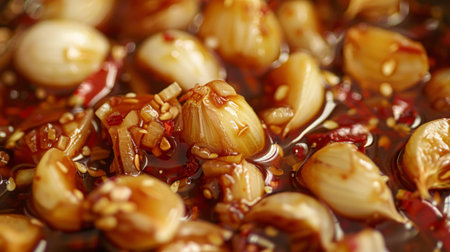 A close-up of garlic cloves marinating in a flavorful Thai sauce, ready to be grilled to perfection.の素材