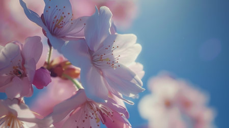 A close-up of a sakura blossom against a deep blue sky, its delicate petals a symbol of grace and beauty.の素材